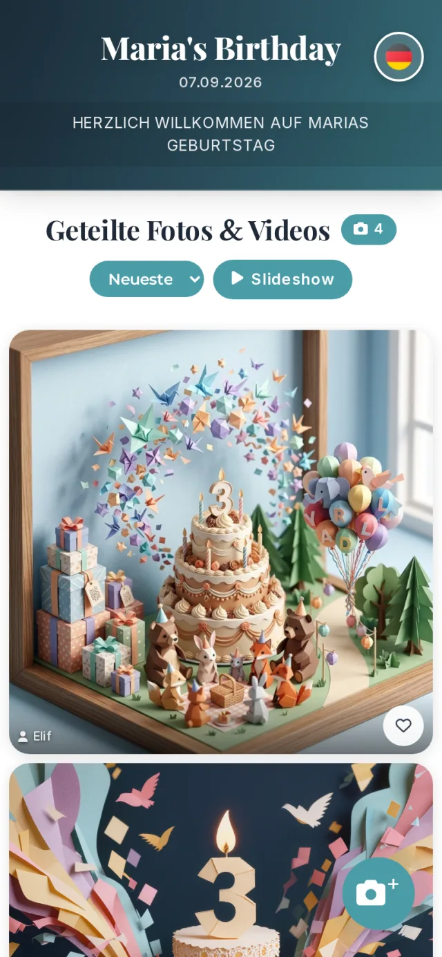 Gästeseite auf dem Handy: Eventname, Zähler und geteilte Fotos