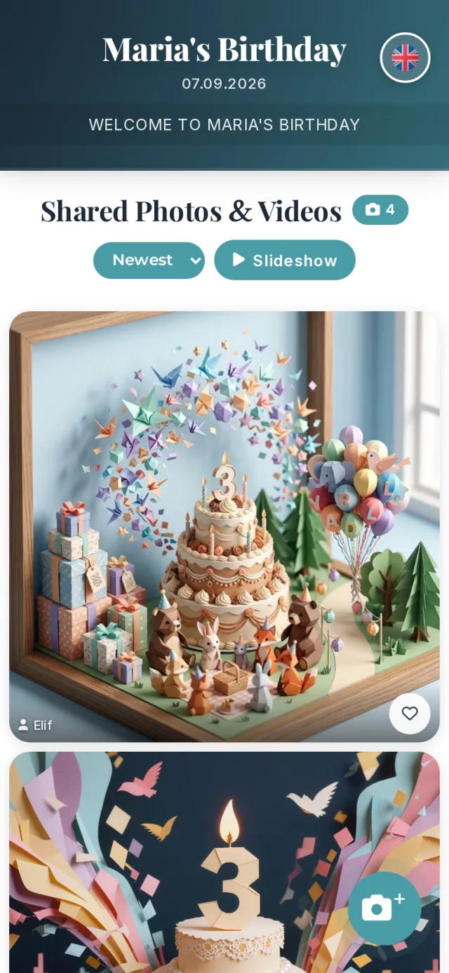 Guest page on a phone: event name, counter and shared photos