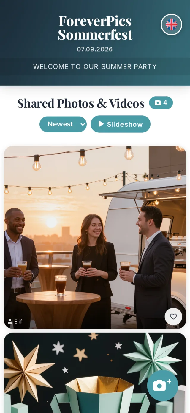 Guest page on a phone: event name, counter and shared photos