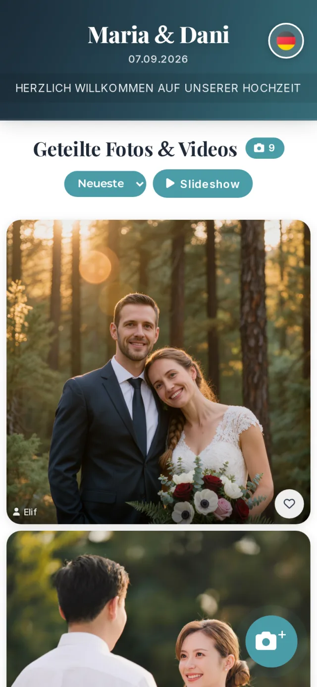 Gästeseite auf dem Handy: Eventname, Zähler und geteilte Fotos