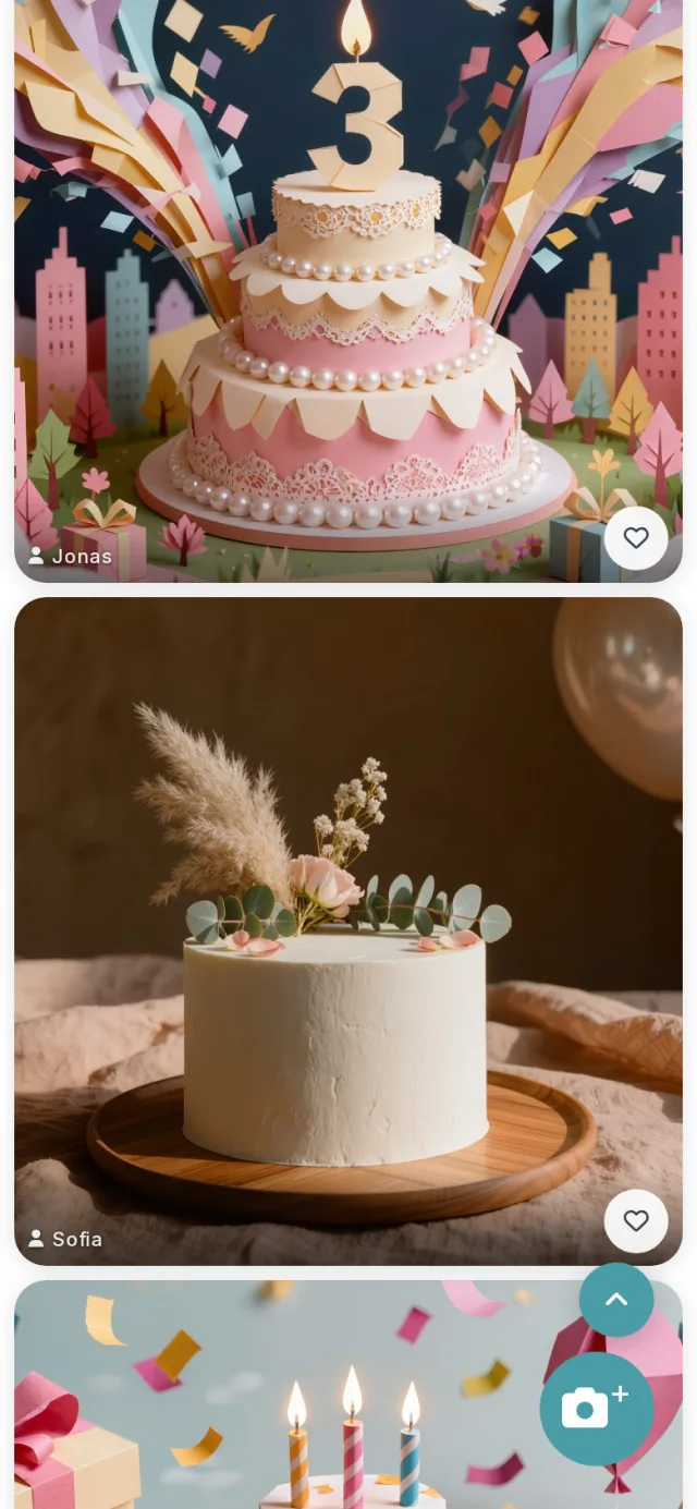 Shared gallery with photos from several guests and a heart button