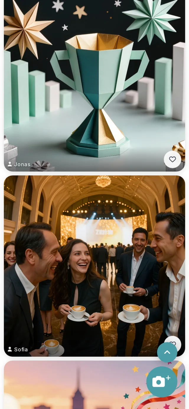 Shared gallery with photos from several guests and a heart button